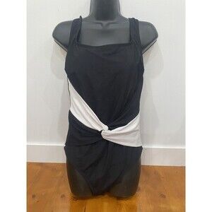 Vintage 90s Size 16 Retro Black & White Colorblock Ruched One Piece Bathing Suit